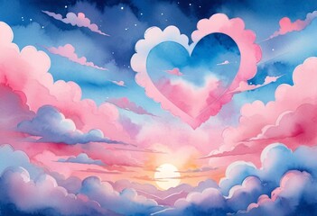 Poster - Heart-shaped clouds in pink and blue, fantasy sky with dreamy sunset light. Romantic illustration for Valentine's Day