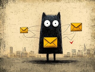 Poster - Whimsical doodle character representing the concept of transnational communication and online community with intertwined navigation markers and envelope icons set against a textured
