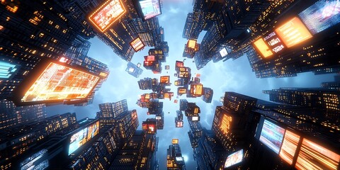 Poster - Incandescent Pulses of Light and Sound Orchestrating a Breathtaking Futuristic Cityscape in a Visionary Digital Space featuring a gleaming metropolis of towering geometric architecture