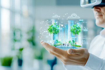 Poster - Technology merges with nature as a person uses virtual reality to visualize a green urban future