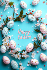 Poster - Vibrant Easter celebration with colorful eggs and blooming flowers on a bright blue background