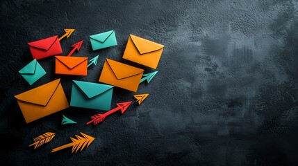 Poster - Global Communication and Social Network Concept with Freehand Drawn User Interface Colorful Arrows and Mail Envelope Symbols on Dark Moody Background