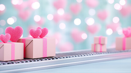 Poster - Pink gift boxes with heart decorations on a conveyor belt amidst a festive background