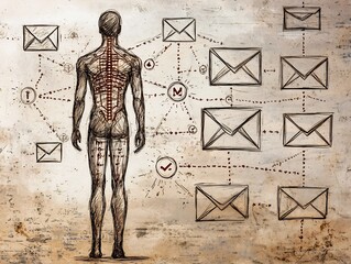 Poster - Transnational and Online Connectivity Concept with Sketched Human Silhouette Network of Waypoints and Mail Symbols Weathered Grunge Background and Abstract Graphic Design in Warm Earthy Tones