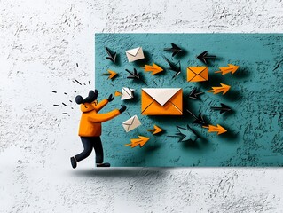 Poster - Visualizing the concept of worldwide digital connectivity and effortless communication through a hand drawn character interacting with a stylized array of arrows and an envelope icon