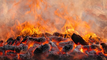 Poster - Glowing embers and vibrant flames dance over burning wood, creating a warm and inviting atmosphere, perfect for cozy nights or dramatic backgrounds