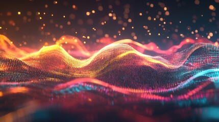 Poster - Abstract digital landscape with vibrant undulating waves illuminated by colorful lights and particles against a dark background, creating a futuristic atmosphere and depth perception.