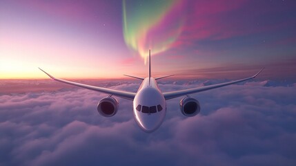 Wall Mural - A digital illustration of an airplane flying above clouds under a colorful aurora sky.