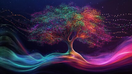 Poster - Colorful Abstract Tree with Vibrant Lights and Swirling Waves in a Dreamlike Landscape at Night Captured in a Stunning Digital Art Style