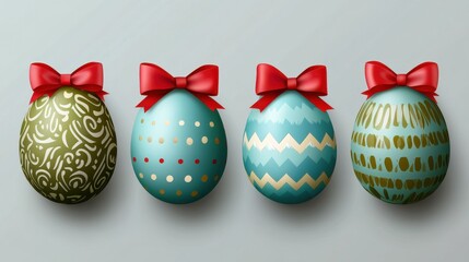 Wall Mural - Set of Realistic green and blue Easter egg, with red bow, vector illustration