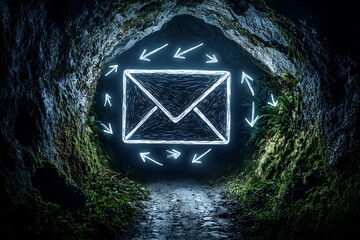 Poster - Expansive networked realm of online connectivity portrayed through a hand drawn aesthetic  featuring an envelope symbol and intersecting arrow motifs set in a shadowy