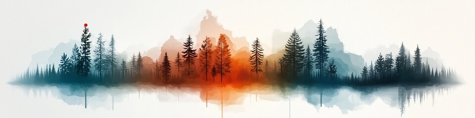 Poster - Serene and atmospheric digital depicting a panoramic forestscape with mountains trees and a colorful sunset or sunrise  The landscape is overlaid with a stylized spectrogram visualization