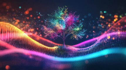Poster - Vibrant Colorful Tree Digital Artwork with Musical Waves and Abstract Background Featuring Bright Particles in Motion