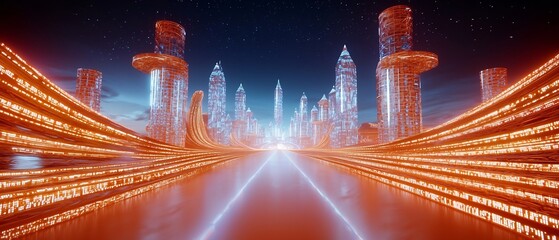 Poster - luminous pulsating data streams coalescing into a visionary urban landscape sleek futuristic structu