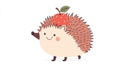 Aufkleber - Cute hedgehog with apple walking happily in a playful forest environment during daytime. Generative AI