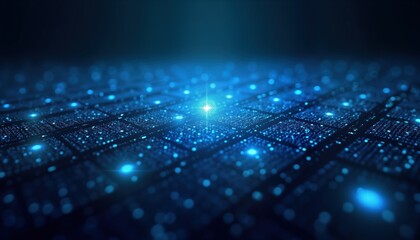 Poster - Abstract digital backdrop with blue pixel pattern. Futuristic graphic design with glowing geometric squares. Tech illustration for wallpaper web design. Dark background with bright blue lights,