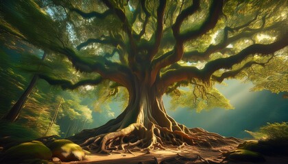 Wall Mural - this is a majestic wide tree with a dense canopy of green and sprawling roots cut out of the forest