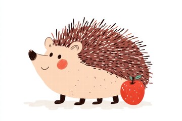 Aufkleber - Charming hedgehog walking with a red apple in a playful setting during daylight hours. Generative AI