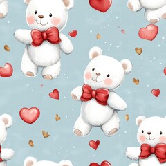 Leinwandbilder - Cute teddy bears with red bows and hearts on soft blue background for a charming design. Generative AI
