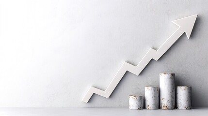 Poster - Upward facing financial chart and arrow on a plain white background depicting market growth and investment opportunities in a minimalist and clean data visualization style