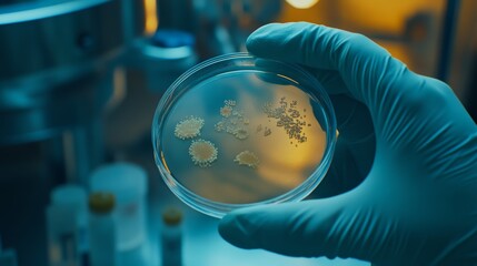 Poster - Gloved hand holding a petri dish containing bacterial colonies, conducting research in a scientific laboratory setting with advanced equipment in the background