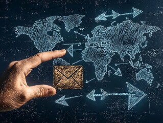 Poster - Symbolic and conceptual representation of worldwide digital interconnectivity communication and information transmission featuring a hand drawn user figure envelope symbol