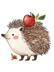 Poster - Cute hedgehog with an apple on its back among autumn leaves in a cheerful setting. Generative AI