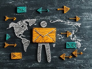 Poster - Symbolic representation of worldwide digital interconnectivity  featuring a hand drawn user figure  envelope symbol  and dynamic arrow graphics set against a moody  shadowy technological backdrop