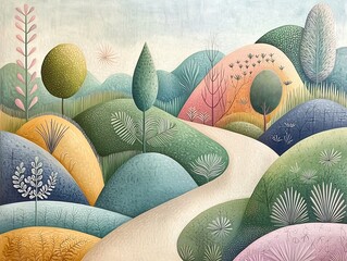 Poster - Harmonious Pastel Landscape Soft Organic Shapes and Flowing Patterns in a Tranquil Outdoor Setting  A captivating and visually striking digital with a Fauvist influenced style