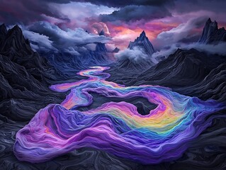 Poster - Captivating digital landscape artwork depicting topographical rainfall data rendered in a mesmerizing flow of vibrant  swirling colors against a dramatic stormy sky backdrop
