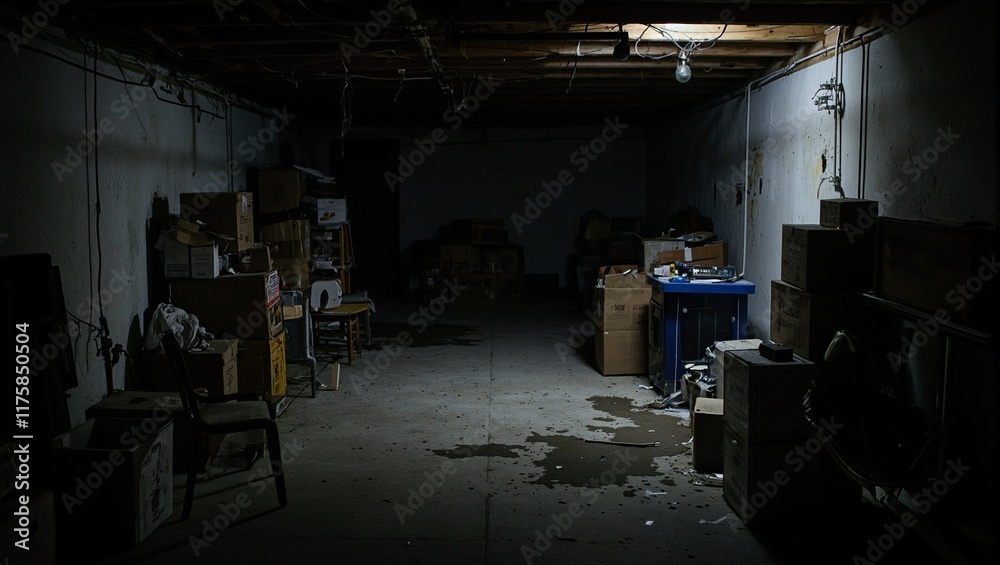 Eerie basement with old boxes forgotten furniture and a single hanging ...
