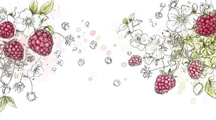 Poster - Hand drawn doodle of ripe raspberries and delicate flowers in a floral arrangement. Generative AI