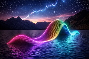 Poster - Chromatic Light Cascade with Undulating Quantum Phenomena in Surreal Starry Night Landscape   Captivating digital art featuring vibrant prismatic patterns luminescent energy fields