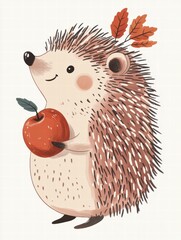 Poster - Cute hedgehog holding a red apple with autumn leaves on its head in a charming illustration. Generative AI