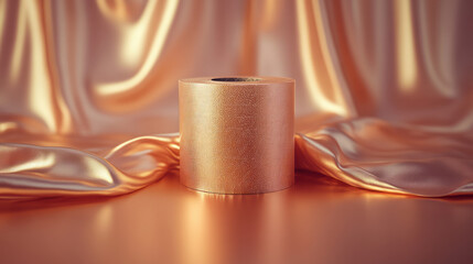 Poster - Minimalistic design of a golden toilet paper roll with realistic folds and a reflective surface, isolated on a solid beige background. 