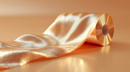 Poster - Minimalistic design of a golden toilet paper roll with realistic folds and a reflective surface, isolated on a solid beige background. 