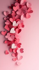 Poster - Many small paper hearts in white and shades of pink falling against a solid pink background creating a romantic atmosphere for valentine's day, mother's day, or anniversaries