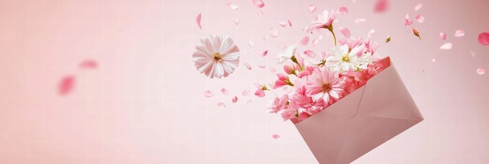 Poster - Colorful flowers and petals burst from an envelope in a joyful display of springtime beauty. Generative AI