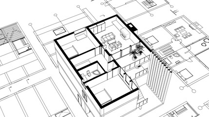 Poster - house architectural project sketch 3d illustration	