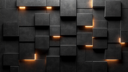 Poster - Dark concrete wall with integrated white light strips, featuring geometric tech design with illuminated, futuristic 3D blocks creating a minimalistic and modern look

