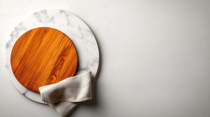 Poster - Marble tabletop with a natural wood board and soft fabric napkin photographed from an overhead angle for a symmetrical and ordered composition with sharp focus and clean lines
