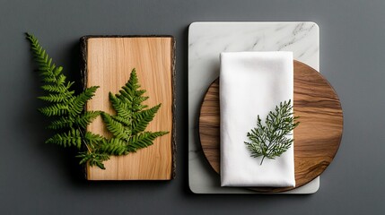 Poster - Elegant minimalist overhead still life composition showcasing the pairing of a smooth marble tabletop a rustic wooden board and a crisp white linen napkin in a serene stylish setting