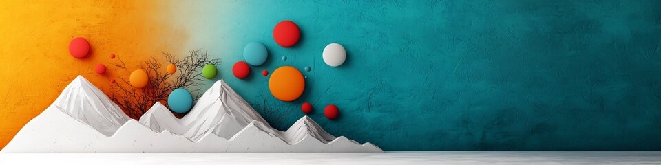 Poster - Ethereal Celestial Landscape   A captivating 3D depicting a surreal fantastical environment with abstract geometric mountains and vibrant floating spheres against a boldly colored