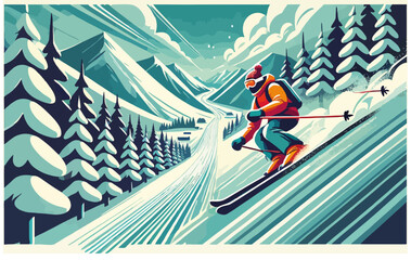 A dynamic vector illustration of a skier racing down a snowy mountain slope, surrounded by pine trees and distant peaks under a bright winter sky.