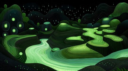 Poster - Captivating topographic map artwork showcasing the fluid visualization of rainfall data across a lush verdant landscape with intricate contour lines shimmering droplets cascading across the terrain