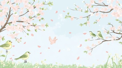 Poster - Vibrant spring doodle featuring delicate flowers and playful birds enjoying natures beauty. Generative AI