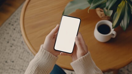 Leinwandbilder - Woman sitting comfortably at a wooden table in a cozy home, holding a smartphone with a blank white screen, enjoying coffee and a nearby plant in an inviting atmosphere