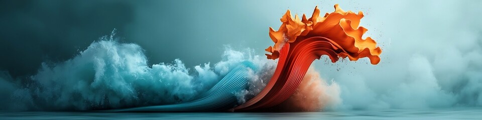 Poster - Vibrant digital depicting a dynamic surging ocean wave with a fiery abstract eruption at its crest  The wave s movement and energy are captured through swirling
