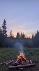 Poster - Bonfire burning brightly in a clearing of a coniferous forest, illuminating the twilight sky with warm orange glow, creating a peaceful and enchanting atmosphere