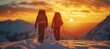 © Vladan - Two hikers with backpacks walking through snow at sunset, surrounded by breathtaking mountain scenery and a vibrant sky illuminated by warm colors.